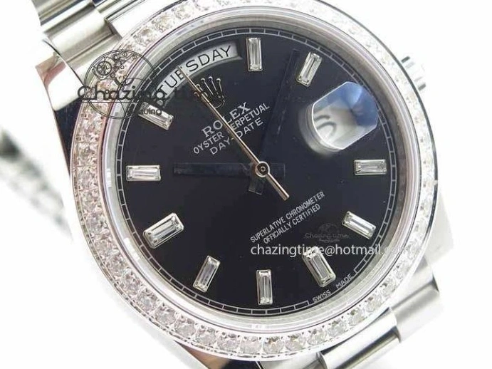 0109 Day Date 40mm SS BP Maker Best Edition Diamond Bezel Black Dial On SS Bracelet ETA Unique 3693